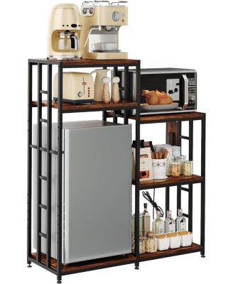 Tier Adjustable Mini Fridge Stand with Storage Shelf, Heavy Duty Kitchen Rack with 3 Power Outlets And Air Switch, Microwave and Coffee Bar