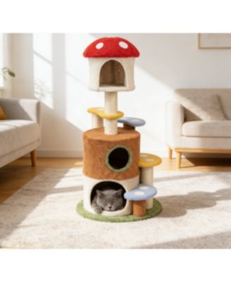 Zeus and Ruta Mushroom Cat Tree with Large Condo Platform Ladder Plush Scratching Posts for Indoor Cats Modern Pet Furniture