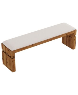 55.1" Wide Upholstered Bench, Solid Wood Bedroom Bench with Boucle Cushion, Modern Entryway Bench