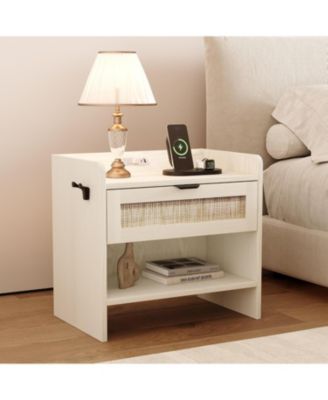 rattan bedside nightstand with 1 drawer, modern storage cabinet with charging station, ideal bedroom organizer.