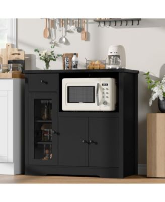Kitchen Microwave Cabinet with Storage and Drawers, Modern Small Buffet Cabinet with Glass Doors and Adjustable Shelf, Wooden Sideboard