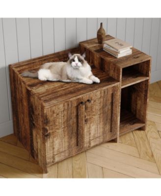 Wooden Cat Litter Box Enclosure with Storage Shelf & Barn Door, Hidden Indoor Cat House End Table