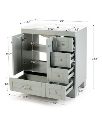 30" Bathroom Vanity with Ceramic Sink, Solid Wood Frame, Pull-Out Drawers, Adjustable Storage, Soft Close Slides