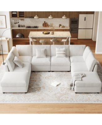 Modular Sectional Sofa- 8-Seater L-Shaped Couch with Movable Ottoman- Convertible Chenille Sofa