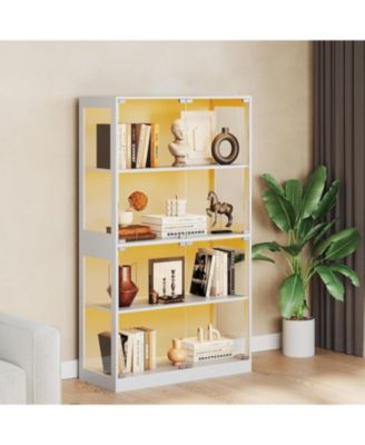 Glass Display Cabinet 4-Tier, Curio Bookcase Cabinets with Glass Doors, 3 Color Lights, Human Body Sensor & Charging Ports, for Living Room