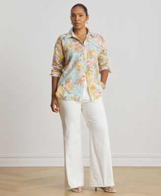 Plus Size Relaxed-Fit Floral Linen Shirt