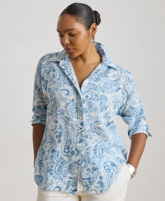 Plus size Relaxed-Fit Paisley Linen Shirt