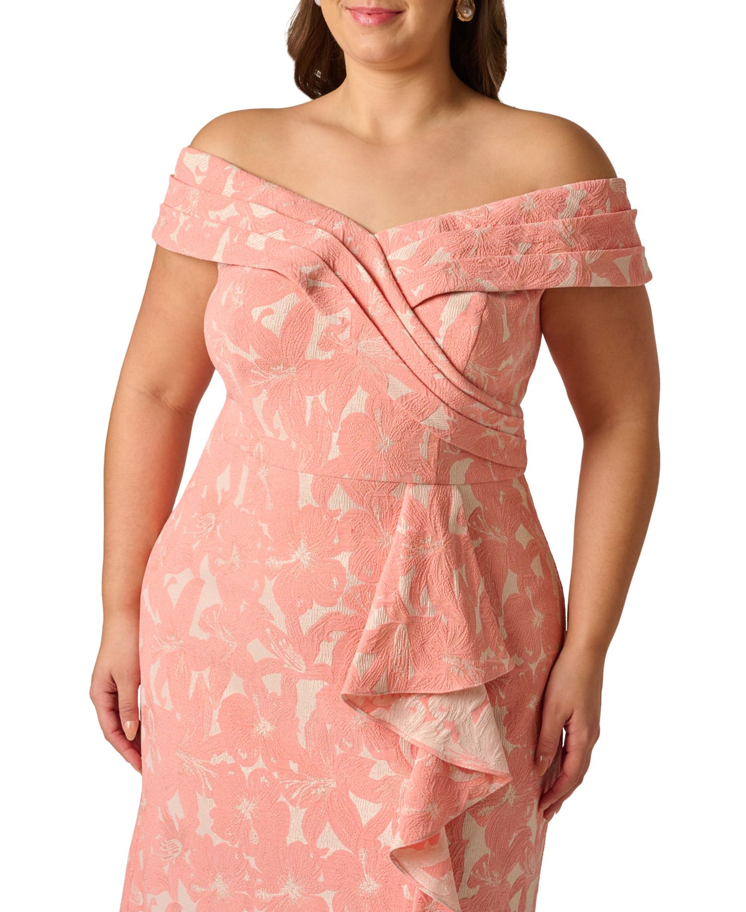 Plus Size Off-The-Shoulder Floral Jacquard Gown