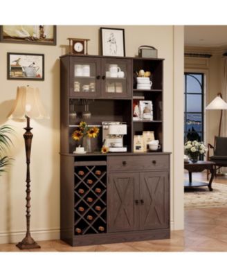 coffee bar cabinet with power outlet and barn doors, sideboard buffet with wine rack and storage for kitchen or dining room.