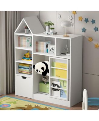 44" Kids Bookshelf and Toy Storage with Removable Drawers, 8 Cubbies and Sliding Door