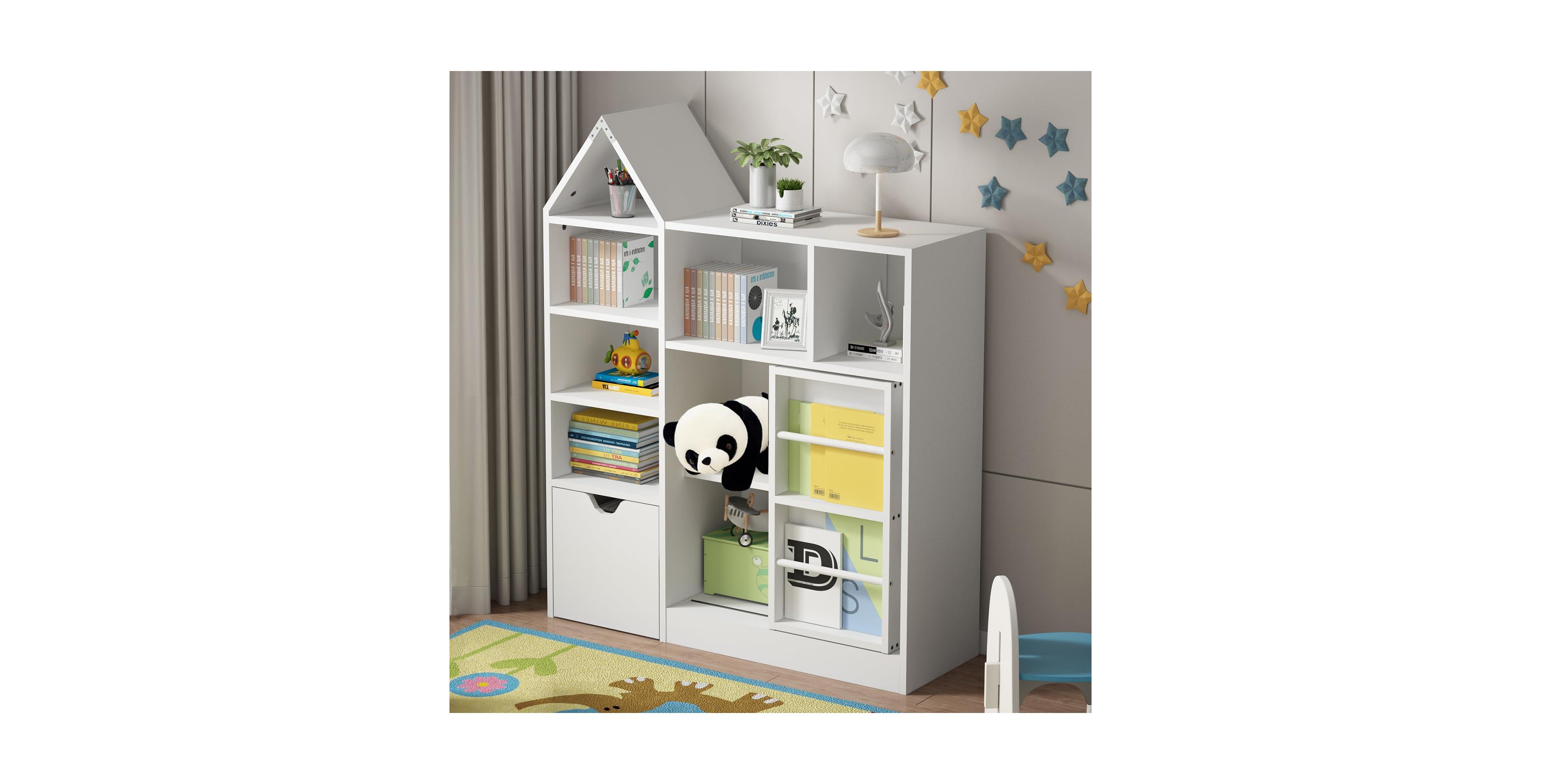 gaomon 44" Kids Bookshelf and Toy Storage with Removable Drawers, 8 Cubbies and Sliding Door