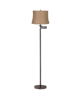 Modern Bronze Swing Arm Floor Lamp 60.5" Tall with Burlap Fabric Drum Shade for Living Room Reading Bedroom Office