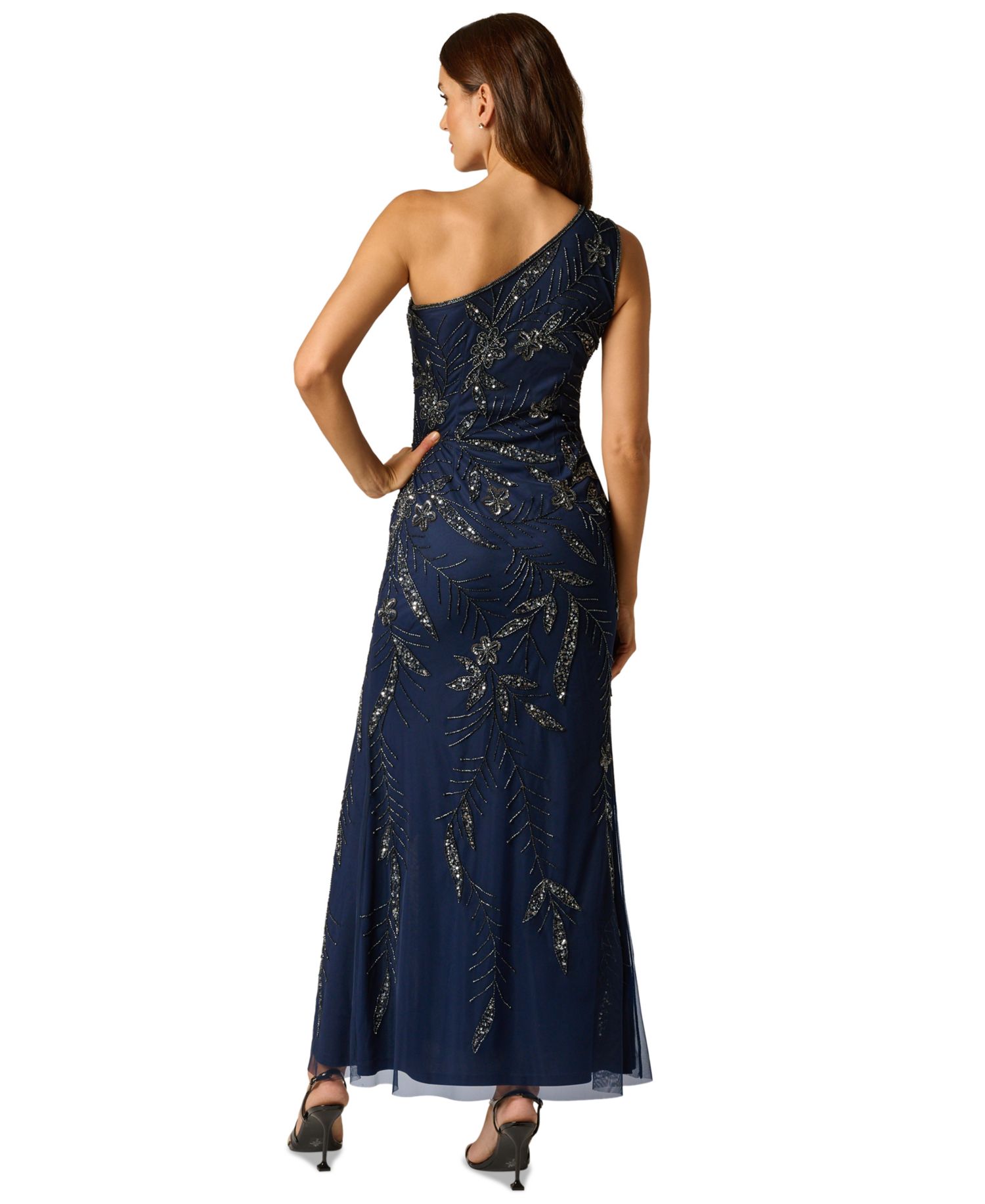 Women's One-Shoulder Floral Sequin Beaded Gown