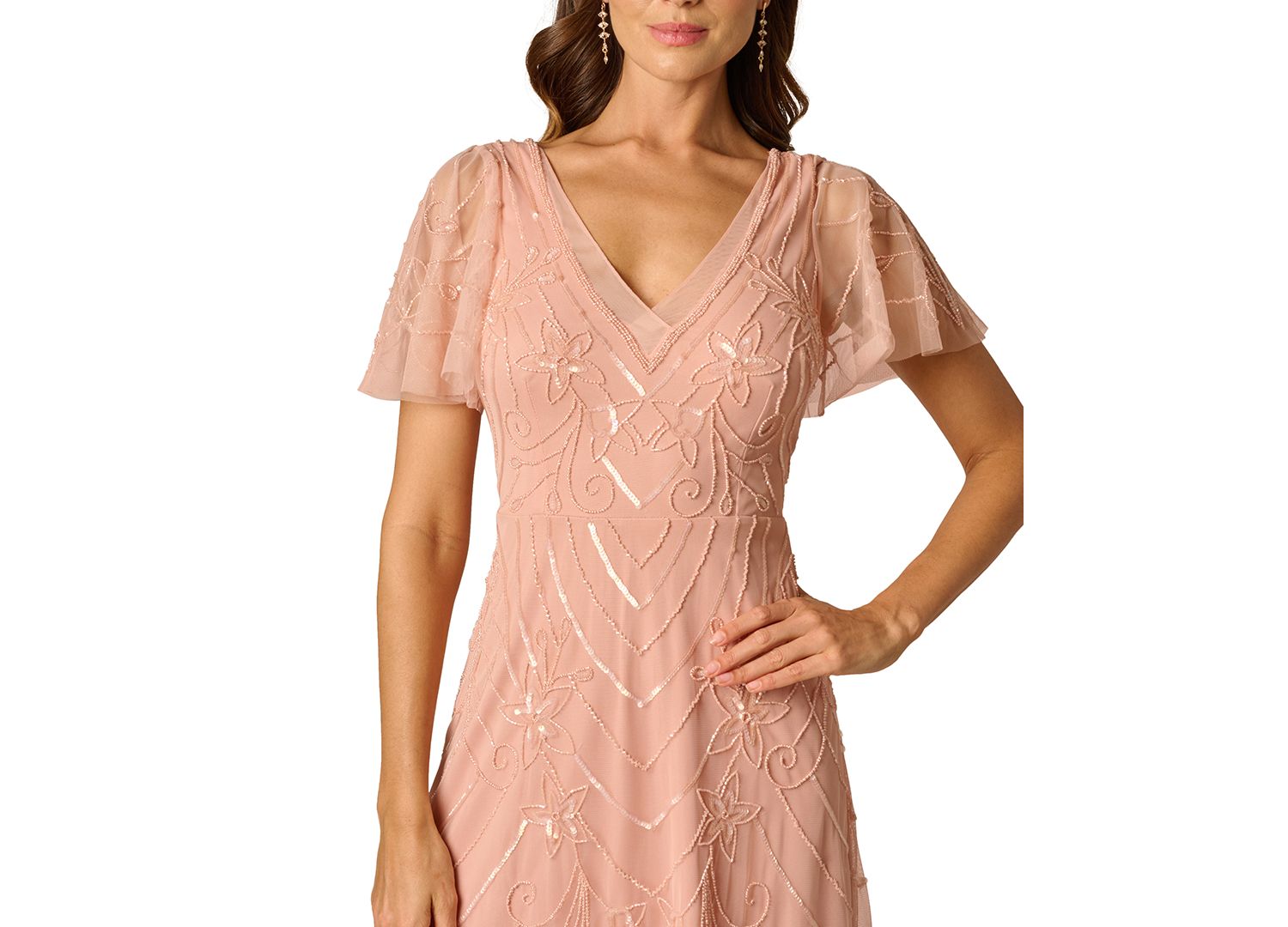 V-Neck Beaded Mesh Flutter-Sleeve Dress