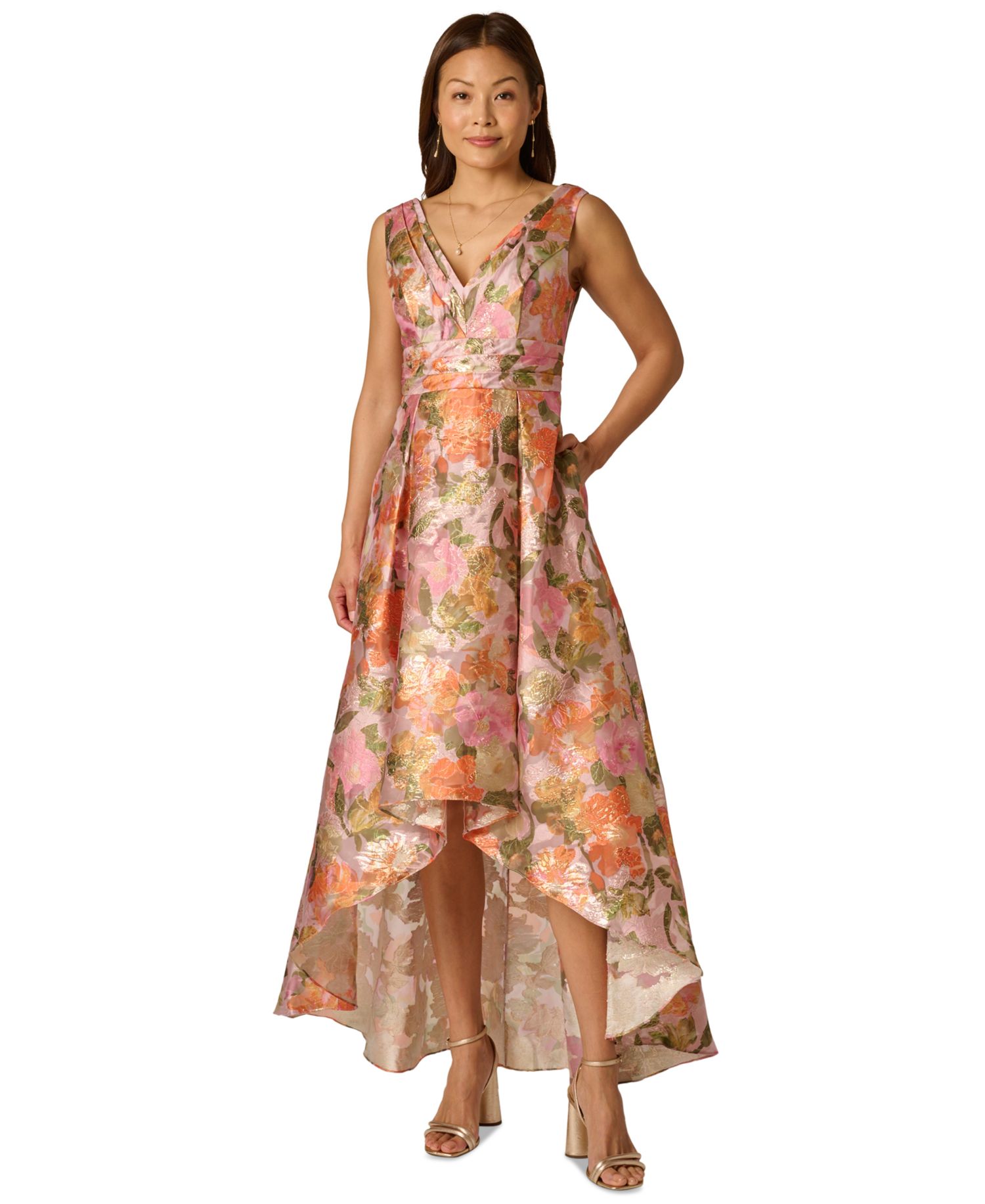 Adrianna Papel Metallic Floral Jacquard High-Low Gown