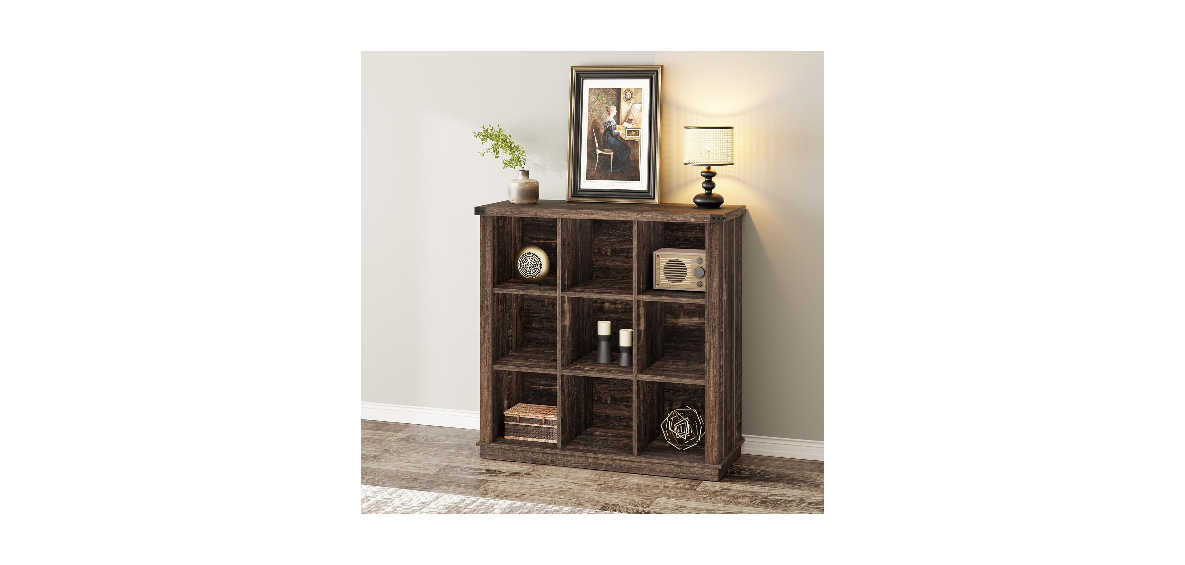 gaomon 9-Cube Farmhouse Bookshelf, 3-Tier Wood Storage Organizer, Rustic Minimalist Floor Display Cabinet for Living Room, Bedroom, Home Office