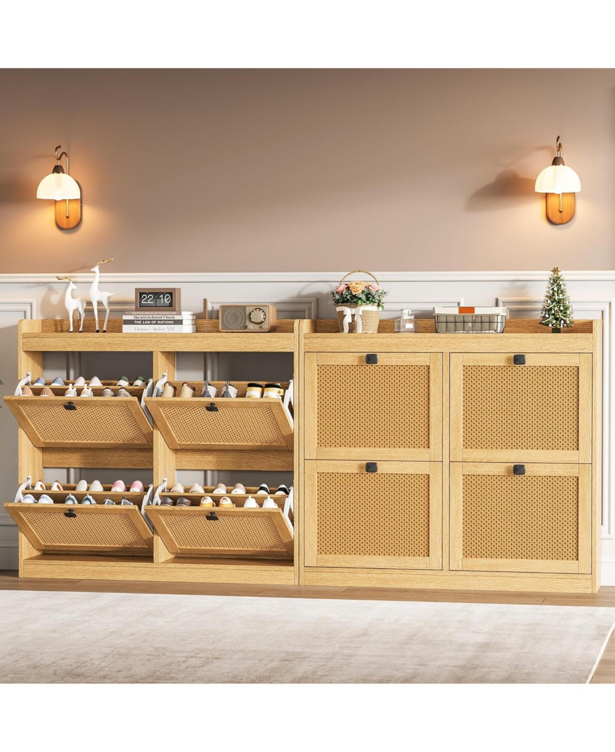 gaomon Shoe Cabinet with 4 Deep Flip Drawers, Freestanding Wooden Shoe Storage Cabinet with Rattan Door and 3-Tier Adjustable Shelves
