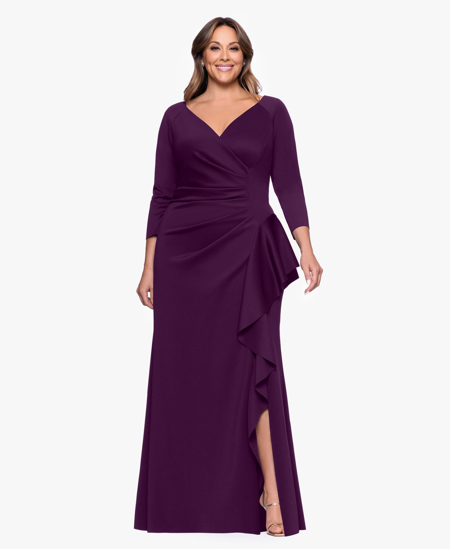 Plus V-Neck Ruffled Side-Slit Scuba Gown