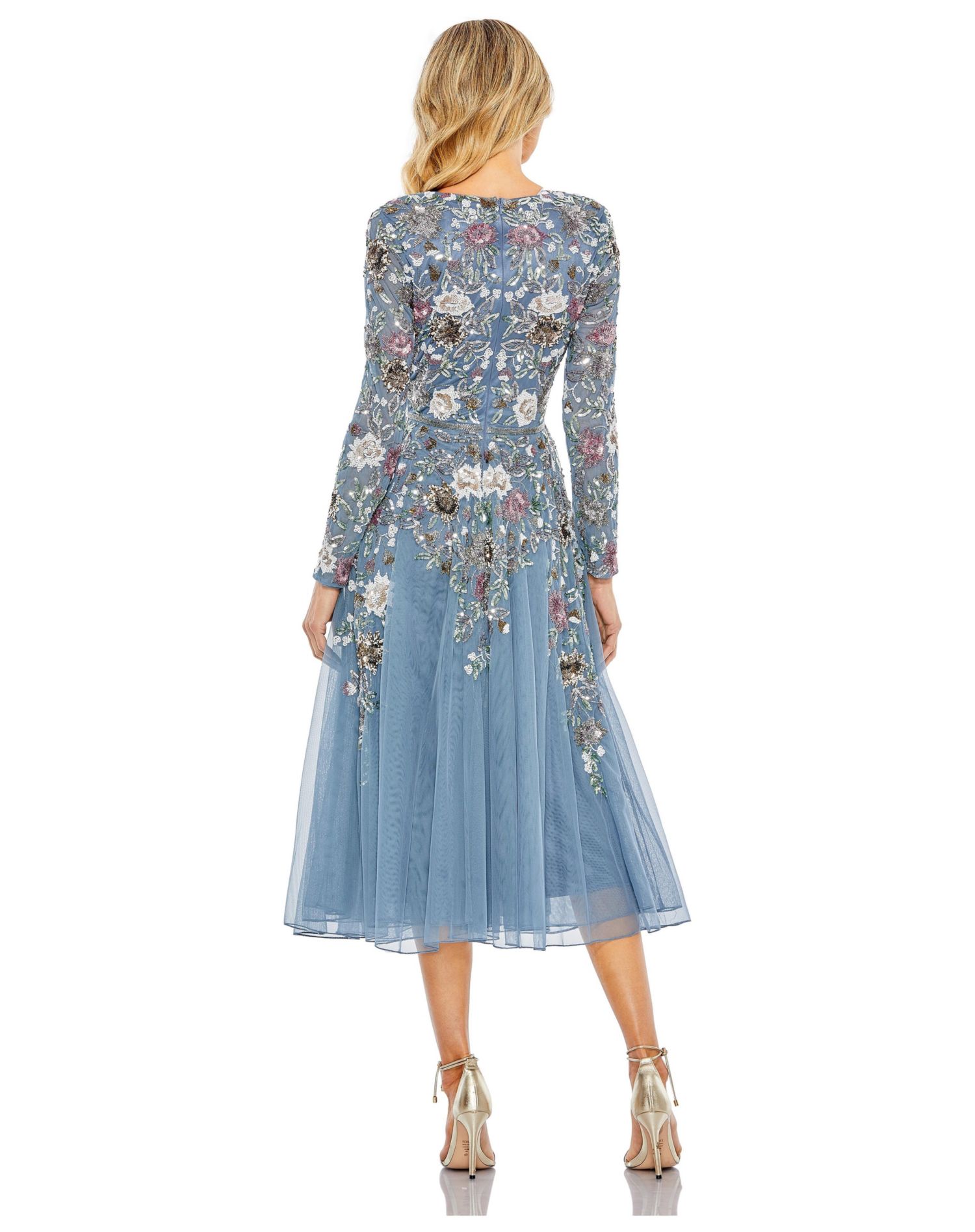 Women's Hand Embellished Floral V Neck Long Sleeve Dress