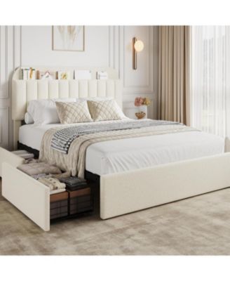 Full Boucle Bed Frame with Storage Headboard and 2 Drawers, Upholstered Platform