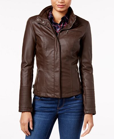 Celebrity Pink Faux-Leather Stand-Collar Coat