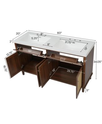 60 Inch Double Sink Bathroom Vanity SMC Sink 2 Flip Out Drawers 4 Soft Close Doors Solid Wood Legs Metal Knobs
