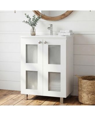 Bathroom Vanity Cabinet with 2 Frosted Glass Doors Resin Sink and 2 Interior Shelves Compact Vintage Modern Vanity