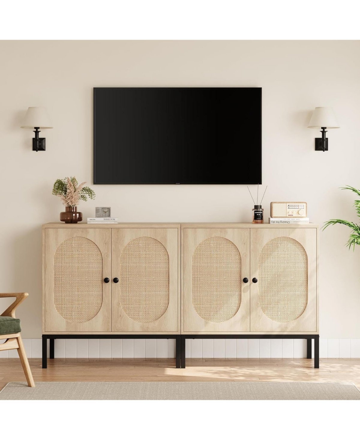 gaomon Rattan Sideboard Set of 2, Accent Storage Cabinet with 2 Doors and Adjustable Shelf, Boho Buffet Cabinet with Metal Legs