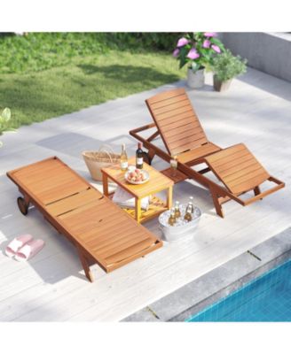 4-Position Outdoor Wood Chaise Lounge with Wheels and Side Table