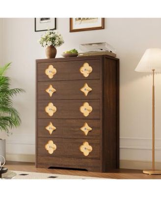 5 Drawer Tall Dresser for Bedroom, Boho Chest of Drawers, Wooden Chest with Clothes Storage Cabinet