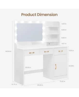 Glow Mirror Vanity Table with Plug Outlet, 3-Tier Storage Drawers and Shelves