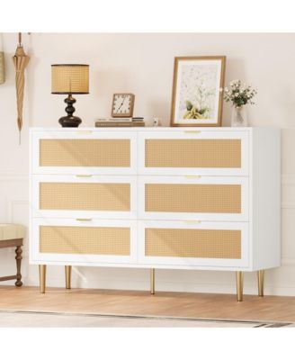 6 Drawer Rattan Dresser for Bedroom, Bohemian Chest of Dressers with Metal Legs