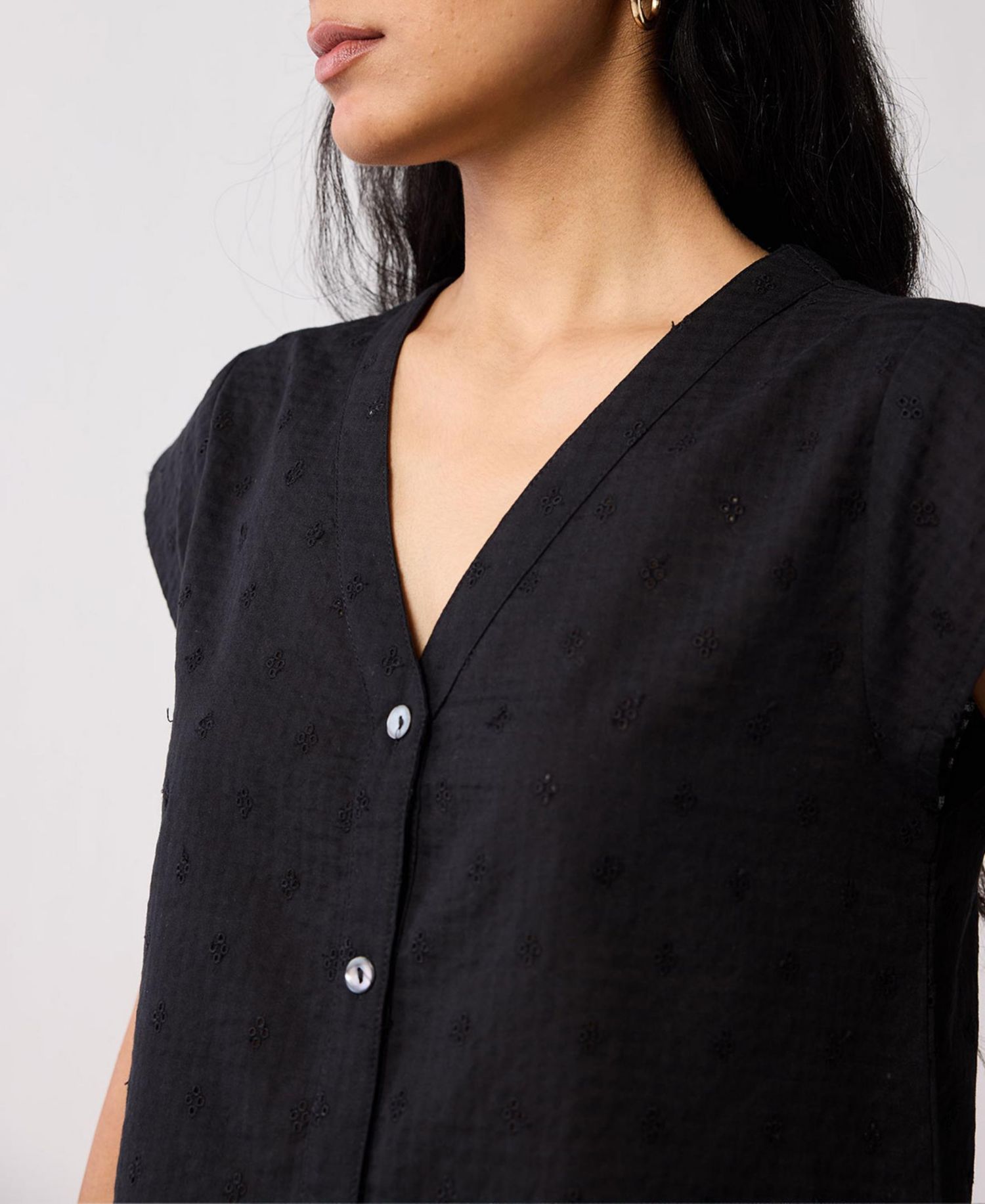 Women's V-Neck Embroidered Top with Front Buttons