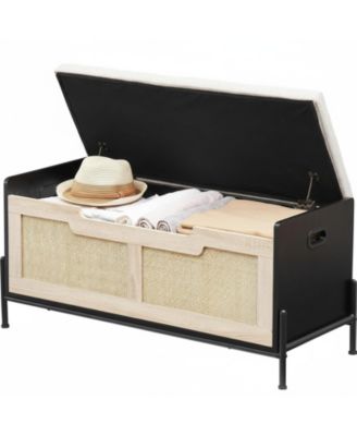 Rattan Storage Bench with Cushion Safety Hinges Shoe Chest for Living Room Bedroom