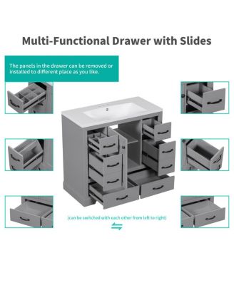 36 Inch Modern Bathroom Vanity Base without Sink, Solid Wood and MDF Cabinet, 6 Drawers and Adjustable Shelf, Freestanding Storage.