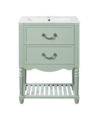 24 Inch Vintage Bathroom Vanity with Ceramic Sink, U-Shaped Drawers and Open Storage Shelf for Small Spaces
