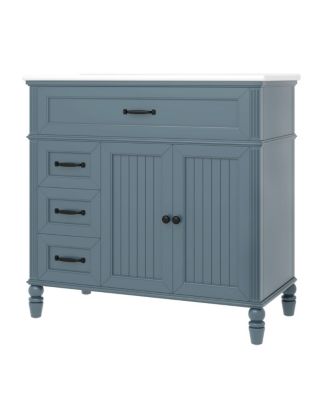 36" Vintage Bathroom Vanity with Ceramic Sink, Acacia Wood Freestanding Cabinet, Soft Close Drawers for Small Bathrooms.