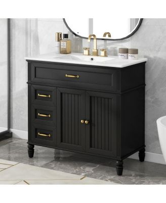 36" Vintage Bathroom Vanity with Ceramic Sink, Acacia Wood Freestanding Cabinet, Soft Close Drawers for Small Bathrooms.
