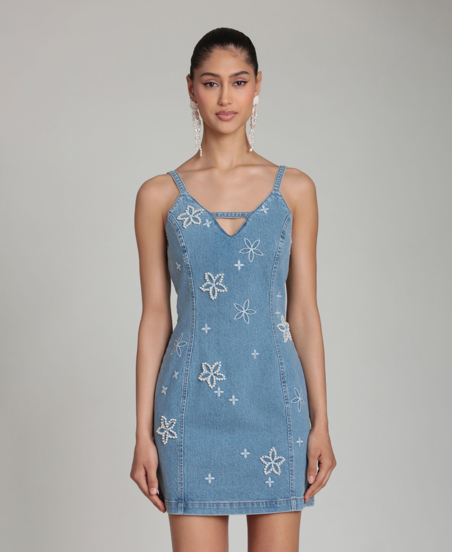 Women's Imitation Pearl Embroidered Detail Mini Dress