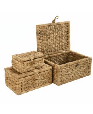 Wicker Storage Basket Set of 3 with Lids Handwoven Seagrass Decorative Organizers for Toys Clothes Home Decor