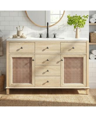 48 Inch Freestanding Bathroom Vanity with 5 Drawers, Rattan Doors and Ceramic Sink, Modern Soft Close Storage