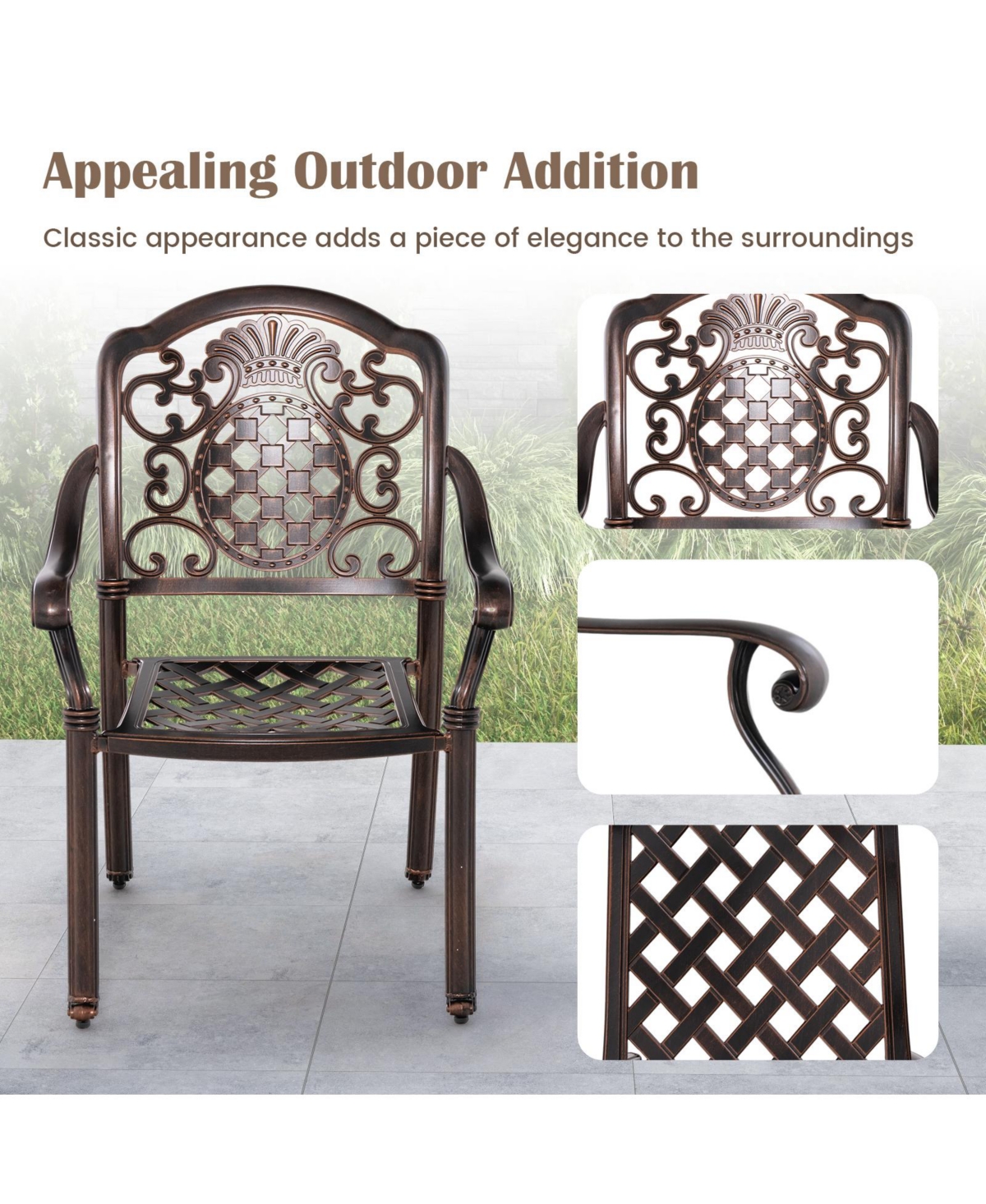 Gymax 4PCS Cast Aluminum Chairs Outdoor Metal Armchairs w/ Ergonomic Curved Seat Patio
