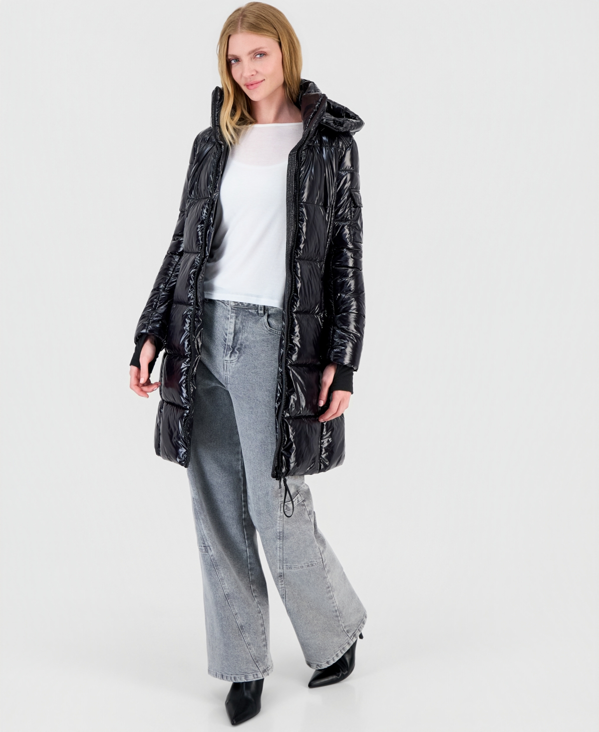 S13 Women's Hooded Thumbhole-Cuff Shine Puffer Coat
