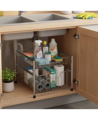 Free Standing Pull Out Cabinet Organizer Double Sliding Wire Baskets Top Shelf Stackable Metal Storage