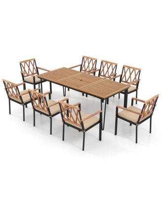 9 PCS Patio Dining Set Rectangular Dining Table w/ Acacia Wood Top Umbrella Hole