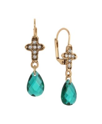 Gold Tone Crystal Cross With Clear Glass Drop Leverback Earrings