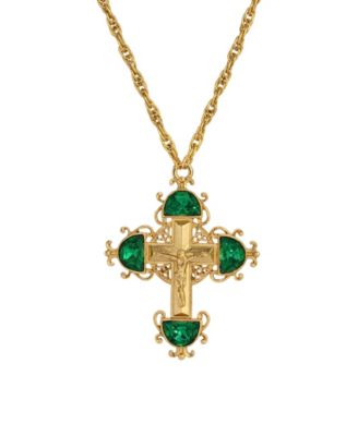 Gold-Tone Cross Emerald Green Crystals 28" Necklace