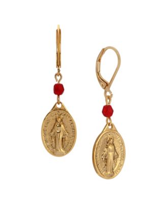 Gold Tone Oval Miraculous Medal Charm Red Bead Leverback Earrings