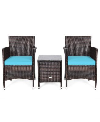 3PCS Patio Rattan Chair and Table Furniture Set Outdoor w/ Cushion
