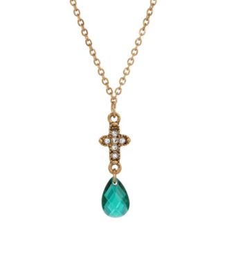 Gold-Tone Cross Clear Crystals Green Briolette Drop 16" Necklace